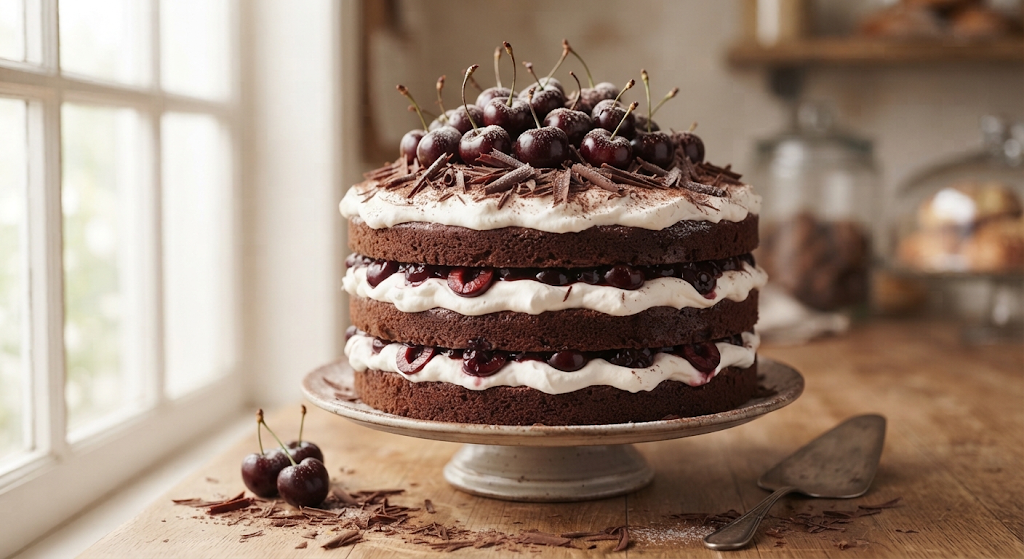 Black Forest Cake with cherries and whipped cream